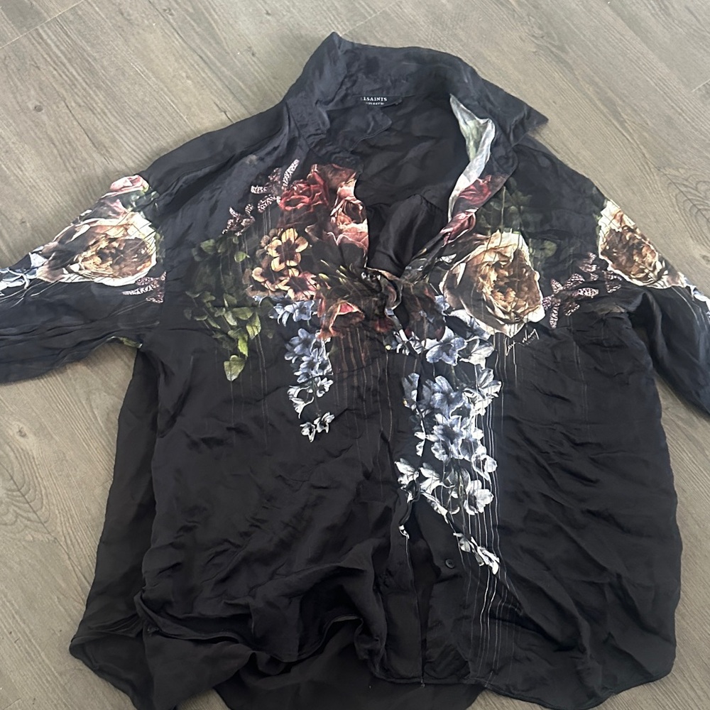 All Saints Black Floral Satin Button-Up Blouse - Picture 4 of 5